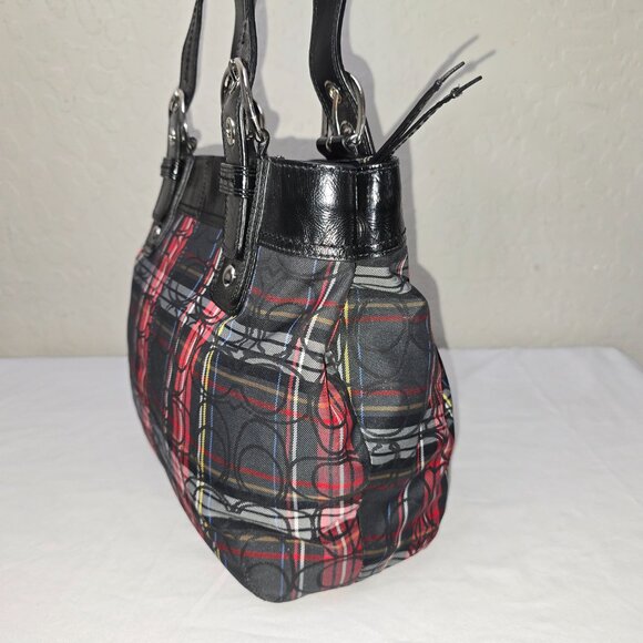 COACH F15467 Poppy Tartan Plaid Signature Glam Glitter Shoulder Tote FLAWLESS! - Picture 6 of 13
